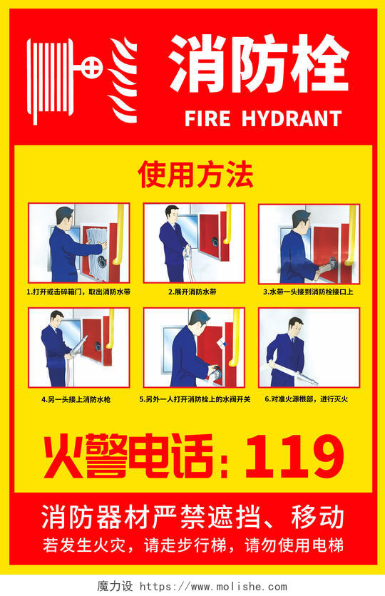 黄色简约火警119消防栓使用方法海报